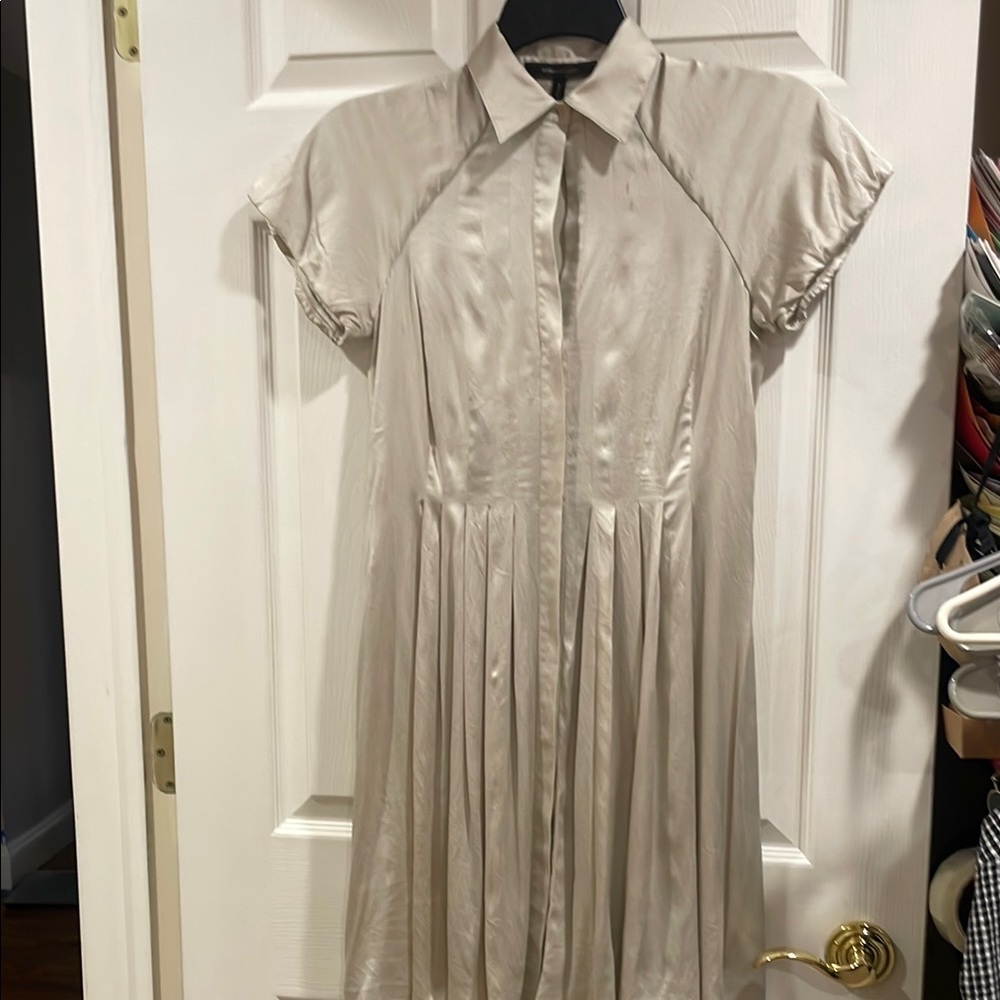 Light Beige Button-Front Midi Dress with Pleated Skirt